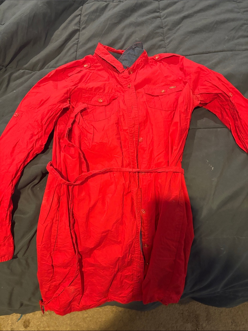 Tommy Hilfiger Red Long-Sleeve Shirt Dress with Waist Tie